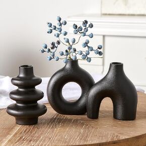 Black Ceramic Vase Set of 3, Small Flower Vases for Pampas Grass, Modern Boho Vases for Decor, Round Black Vases Centerpieces for Wedding Living Room Bedroom Coffee Table Entryway