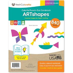 ARTshapes 840 pc Creative Paper Shapes Pack with 70+ Idea Guide - US Made Card Stock - Punch Out Funky DIY Craft Supplies for Whimsical Art Designs, Paper Crafts, and Pattern Play 5 Festive Colors