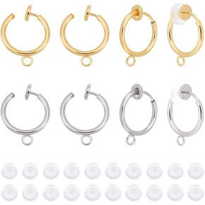 UNICRAFTALE 20Pcs 2 Colors 304 Stainless Steel Clip-on Earring Findings with Horizontal Loops and 20Pcs Comfort Silicone Pads Hoop Earring for Jewlery Making Golden Stainless Steel Color Hole 1.8mm