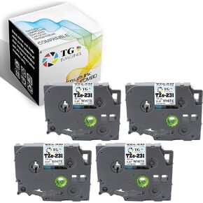 (4 Pack) TG Imaging Compatible P Touch TZe-231 TZ Label Tape (Black on White) Replacement for Brother P Touch PTE100 PTD210 PTD400 PTD60 PT1000 Label Maker (1/2 inch x 26.2 Feet)