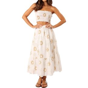 Women's 2 Piece Pattern Print Outfits Off Shoulder Ruched Bandeau Tube Tops Long Flowy A-Line Skirt Boho Set