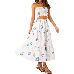 Women's 2 Piece Pattern Print Outfits Off Shoulder Ruched Bandeau Tube Tops Long Flowy A-Line Skirt Boho Set