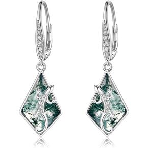 Lizard Earrings Sterling Silver Gecko Moss Agate Drop Dangle Earrings Animal Jewelry Gifts for Women