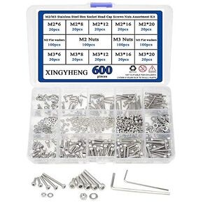 XINGYHENG 600Pcs 304 Stainless Steel M2/M3 Stainless Steel Hex Socket Head Cap Screws Nuts Assortment Kit with 2PCS Hex Keys for Free