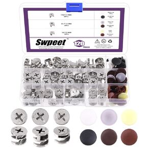 Swpeet 120Pcs 3 Sizes Silver 3-in-1 Furniture Connecting Cam Lock Fittings, Furniture Cam Lock Nut Connectors Fittings Hardware Bolts Furniture Connecting Lock Nut with Cap