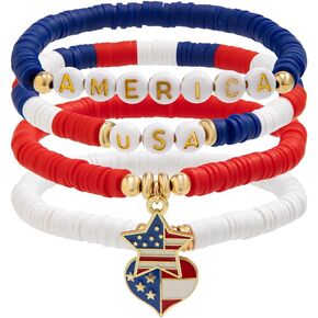 Caiyao Independence Patriotic Day Handmade 4-5pcs Red White Blue Star Heart Letter Shape Vinyl Disc Heishi Surfer Beads Stackable Bracelet Party Parade Celebration Bangle Jewelry