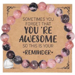 Love Heart Natural Stone Bead Inspirational Bracelet Sometimes You Forget That You're Awesome Elastic Bracelet for Women Girl Teen Girlfriend Healing Stress Relief Jewlery Birthday Gift