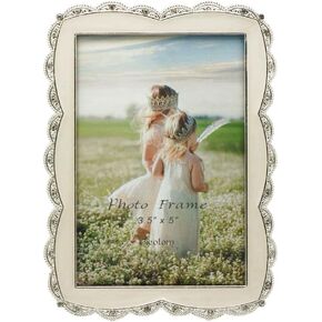 Ivory White Enamel Picture Frame Metal with Silver Plated and Crystals, Charming 3.5x5 Tabletop Photo Frame