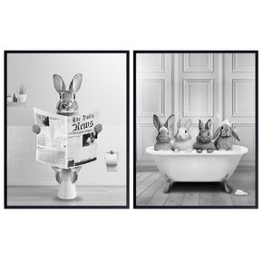 Bunny Rabbit Wall Art & Decor - Cute Bathroom Decor for Girls, Women - Kids Bathroom Pictures - small Bathroom Set - Baby Bathroom Pictures - Bath Wall Art - Modern Bathroom Art - Fun Bathroom Decor