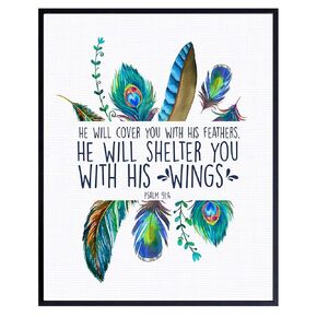 He Will Cover You With His Feathers Wall Art - Scripture Bible Verse Wall Decor - Religious Christian Gifts for Women, Girls - Inspirational Spiritual Room Decoration - Feathers Wall Decor - Psalm 91