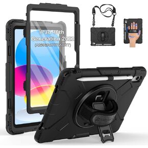 Rugged Case for iPad 10th Generation 2022: Military Grade Shockproof Protective Cover for iPad 10th Gen 10.9 Inch with Screen Protector-360° Rotatable Stand- Hand/Shoulder Strap, Black
