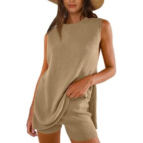 ANRABESS Women Summer 2 Piece Outfits Sleeveless Knit Sweater Top & Shorts Soft Lounge Sets Travel Beach 2024 Clothes