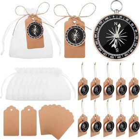60 Pcs Compass Wedding Favors Set Mini Compass Souvenir Present Nautical with Kraft Tags and White Organza Bag for Guests Birthday Wedding Nautical Travel Party Souvenir Gift Favors (Gold)