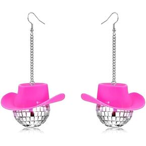 Shiny Disco Ball Dangle Hook Earrings Pink Cowgirl Hat 60's 70's Mirror Ball Drop Huggie Hoops Earring Fashion Party Jewelry Gifts for Women Girls Prom