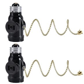 DiCUNO UL Listed E26 to 2 Polarized Outlet Socket Adapter, Pull Chain Switch Control Light Bulb, Standard (Medium) E26 Base to 2-Prong Outlet Plug Splitter Converter, Black, 2-Pack