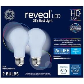 GE Lighting GE Reveal LED Light Bulbs, 2X Life, 8 Watt (60 Equivalent) HD+ Light, Standard Bulb Shape, Medium Base, Dimmable (2 Pack)