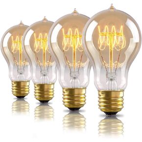4-Pack Edison Light Bulb, 60 Watts, A19 Vintage Incandescent Light Bulbs, Dimmable Old Fashioned E26 Incandescent Light Bulbs, 240 Lumens, 2100K Warm White, Amber Glass