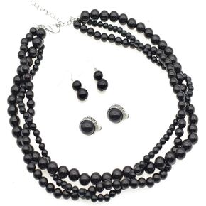 Pearl Layered Choker Necklace Set 3 Layer Bead Necklaces Non Pierced Clip On Earrings (Black)