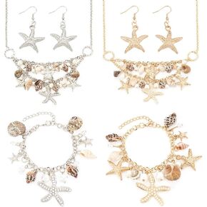 PH PandaHall 2 Sets Seashell Starfish Jewelry Mermaid Jewelry Set, Pearl Collar Bib Necklace Bracelets Earrings Pendant Starfish Costume for Halloween Day Women Summer Sea Beach, 2 Colors