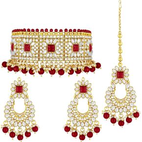 Aheli Bridal Kundan Faux Pearl Choker Necklace with Earrings Maang Tikka for Women Girls Indian Traditional Bollywood Fashion Jewelry Set Green