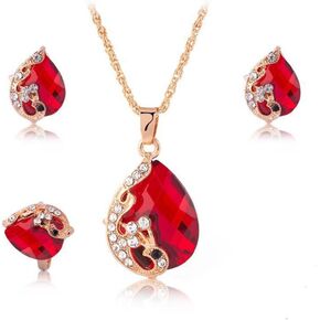 Women's Gold Plated Teardrop Crystal Necklace, Rings and Earrings Jewelry Set