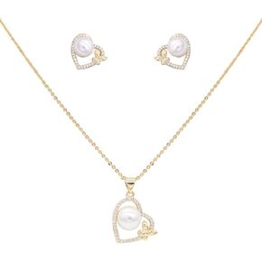 Lavencious CZ and Pearl Heart and Butterfly Shape Pendant Necklace and Cluster Earrings Jewelry Set for Women