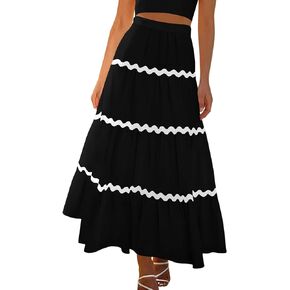 MASCOMODA Long Maxi Skirts for Women 2024 Summer Ruffle Tiered Elastic High Waisted Flowy Beach Boho Skirt with Pockets