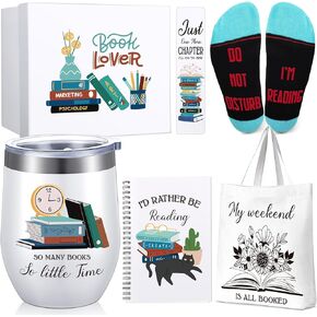 Rtteri 6 Pcs Book Lovers Gifts Set Tote Bag Socks Stainless Steel Tumbler Notebook with Gift Box(Classic)