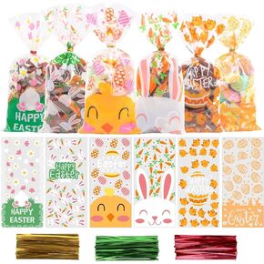 VEYLIN 120Pcs Easter Cellophane Goodie Bags, Plastic Easter Treat Bags Candy Cookie Bags with 150pcs Twist Ties 5" x 11"