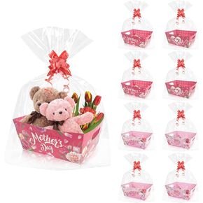 24 Set Happy Mother's Day Baskets for Gifts Empty with Cellophane Basket Bags Bows, Happy Mother's Day Market Tray Cardboard Basket to Fill for Mother's Day Birthday Party Decor
