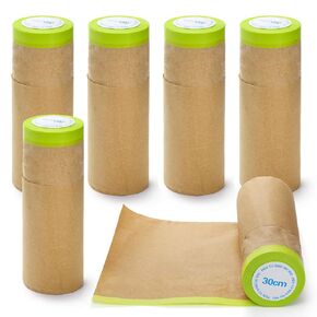 Jucoan 6 Rolls Masking Paper, Pre-Taped Masking Paper for Painting, 12 Inch x 50 Feet Tape and Drape Automotive Paint Masking Paper for Car Wall Frame Floor Furniture Protection