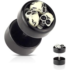 Forbidden Body Jewelry Stud Earrings for Men, Ear Piercing Cheater Plugs, Fake Gauges, Surgical Steel Earrings/Black Acrylic with Embedded Skulls