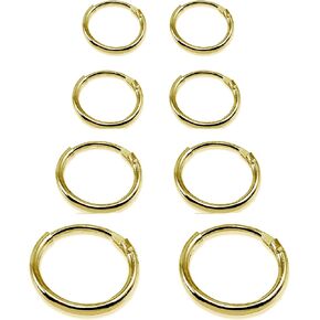 4 Pair Set Yellow Gold Flash Sterling Silver 10mm, 12mm, 14 & 16mm Tiny Small Lightweight Thin Round Continuous Endless Unisex Hoop Earrings