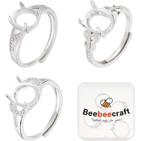 Beebeecraft 1 Box 6Pcs Prong Ring Settings Adjustable Cubic Zirconia 3 Style 4 Claw Ring Blanks Finger Ring Components for Jewellery Making Kit Findings DIY Crafts