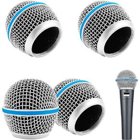 4 pcs Metal Microphone Mesh Heads, Microphone Metal Head with Sponge, Compatible with Beta58a, SM58, PGX24, SLX4, SM58LC Microphone, Blue Steel Mesh, Silver Microphone Grille Head