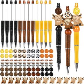 Whaline 108Pcs Highland Cow Beadable Pens Assorted DIY Pens with 12Pcs Cow Shaped Silicone Beads 36Pcs Spacer Beads 48Pcs Round Wooden Beads for Student Office School Jewelry Craft