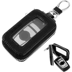 Leather Car Key Fob Case, Car Key Holder with Metal Hook and Keyring Zipper Bag Transparent Window Auto Key Case Cover