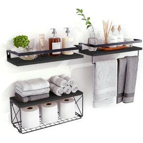Bathroom Shelves with Wire Storage Basket, Floating Shelves Over Toilet with Protective Metal Guardrail, Wall Shelves for Bedroom, Living Room, Kitchen and Bathroom Toilet Paper