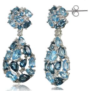 Sterling Silver London Blue, Swiss Blue and White Topaz Cluster Tonal Teardrop Dangle Earrings