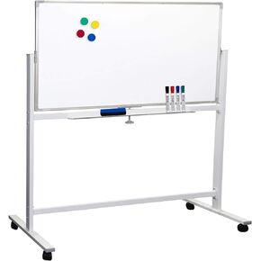 Excello Global Products Large 48"x32" White Board on Wheels: 1 Reversible Magnetic Dry Erase Board with Rolling Stand, 4 Dry Erase Markers, 1 Eraser, 4 Magnets, 1 Marker Tray (White)