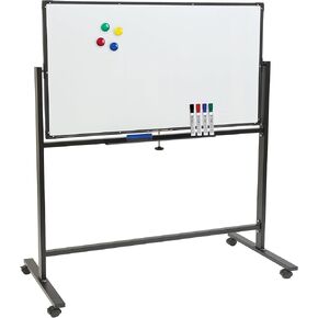Excello Global Products Large 48"x32" White Board on Wheels: 1 Reversible Magnetic Dry Erase Board with Rolling Stand, 4 Dry Erase Markers, 1 Eraser, 4 Magnets, 1 Marker Tray (White)