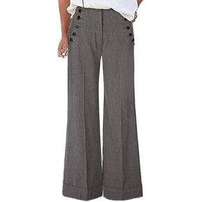 Flamingals Women's Solid Button Decor Wide Leg Pants Mid Waist Casual Pants