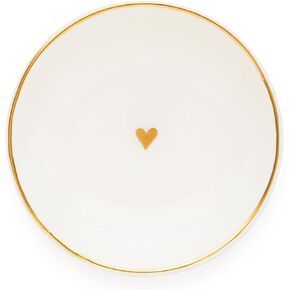 Sugar Paper Trinket Tray, Small Round Heart, 3" x 3", Ceramic Ring Dish, White Ceramic With Gold Painted Details
