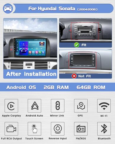 Roinvou 2+64G Android CarPlay Stereo for Hyundai Sonata 2004-2008، CarPlay لاسلكي مدمج مع Android Auto، شاشة تعمل باللمس مقاس 9 بوصات داخل لوحة القيادة GPS ودعم مرآة Link BT RDS AHD WiFi DSP in Kuwait