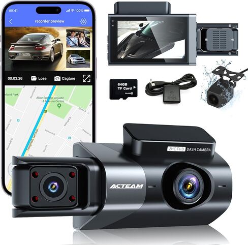 كاميرا قياس 3 قنوات - نظام تحديد المواقع العالمي واي فاي مدمج، 2K+1080P+1080P أمامي وخلفي داخلي، مع بطاقة SD سعة 64 جيجابايت، وشاشة LCD 3 بوصات رؤية ليلية بالأشعة تحت الحمراء، ومستشعر G، ووضع انتظار السيارات، وتسجيل حلقة، وكاميرا داش للسيارات مع التطبيق in Kuwait