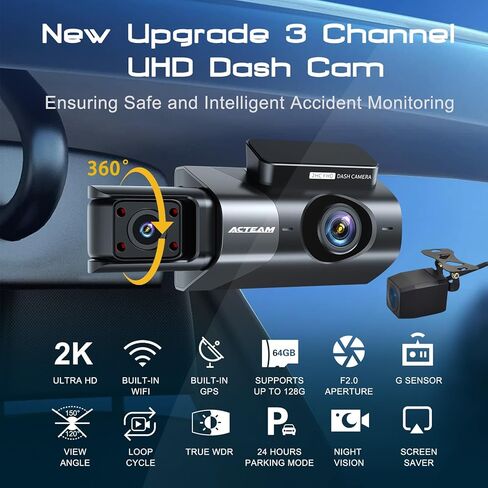 كاميرا قياس 3 قنوات - نظام تحديد المواقع العالمي واي فاي مدمج، 2K+1080P+1080P أمامي وخلفي داخلي، مع بطاقة SD سعة 64 جيجابايت، وشاشة LCD 3 بوصات رؤية ليلية بالأشعة تحت الحمراء، ومستشعر G، ووضع انتظار السيارات، وتسجيل حلقة، وكاميرا داش للسيارات مع التطبيق in Kuwait