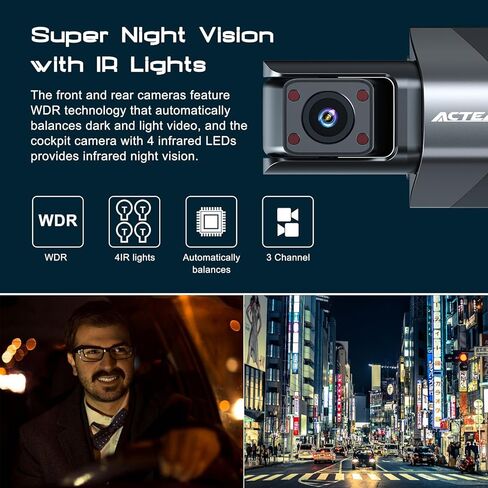 كاميرا قياس 3 قنوات - نظام تحديد المواقع العالمي واي فاي مدمج، 2K+1080P+1080P أمامي وخلفي داخلي، مع بطاقة SD سعة 64 جيجابايت، وشاشة LCD 3 بوصات رؤية ليلية بالأشعة تحت الحمراء، ومستشعر G، ووضع انتظار السيارات، وتسجيل حلقة، وكاميرا داش للسيارات مع التطبيق in Kuwait