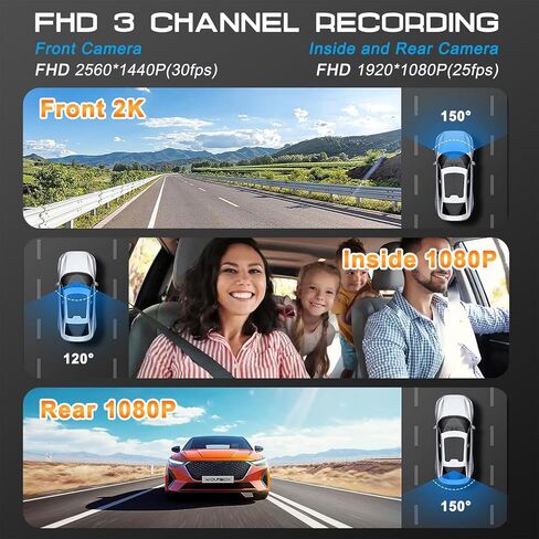 كاميرا قياس 3 قنوات - نظام تحديد المواقع العالمي واي فاي مدمج، 2K+1080P+1080P أمامي وخلفي داخلي، مع بطاقة SD سعة 64 جيجابايت، وشاشة LCD 3 بوصات رؤية ليلية بالأشعة تحت الحمراء، ومستشعر G، ووضع انتظار السيارات، وتسجيل حلقة، وكاميرا داش للسيارات مع التطبيق in Kuwait