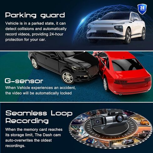 كاميرا قياس 3 قنوات - نظام تحديد المواقع العالمي واي فاي مدمج، 2K+1080P+1080P أمامي وخلفي داخلي، مع بطاقة SD سعة 64 جيجابايت، وشاشة LCD 3 بوصات رؤية ليلية بالأشعة تحت الحمراء، ومستشعر G، ووضع انتظار السيارات، وتسجيل حلقة، وكاميرا داش للسيارات مع التطبيق in Kuwait