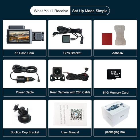 كاميرا قياس 3 قنوات - نظام تحديد المواقع العالمي واي فاي مدمج، 2K+1080P+1080P أمامي وخلفي داخلي، مع بطاقة SD سعة 64 جيجابايت، وشاشة LCD 3 بوصات رؤية ليلية بالأشعة تحت الحمراء، ومستشعر G، ووضع انتظار السيارات، وتسجيل حلقة، وكاميرا داش للسيارات مع التطبيق in Kuwait